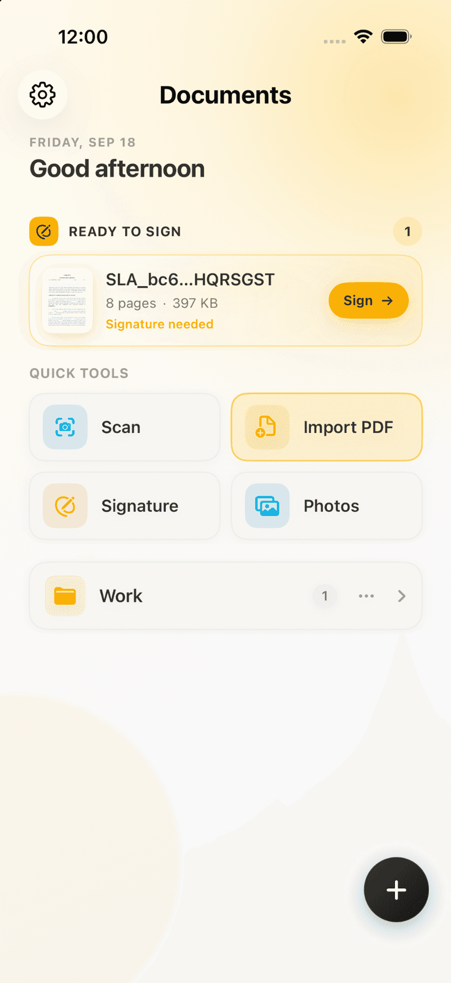 eSign PDF home screen on iPhone with a PDF ready to sign