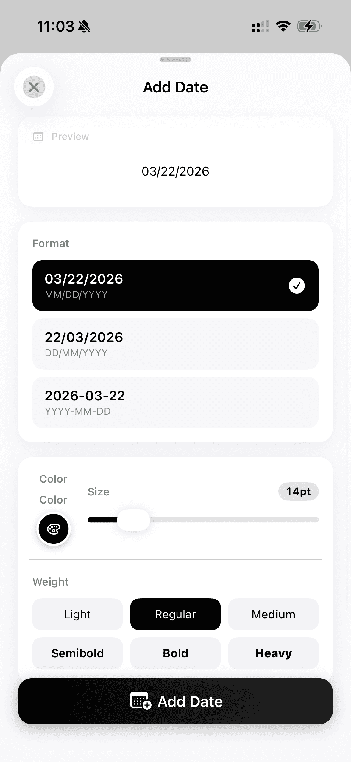 Add Date screen on iPhone with MM/DD/YYYY, DD/MM/YYYY and YYYY-MM-DD formats