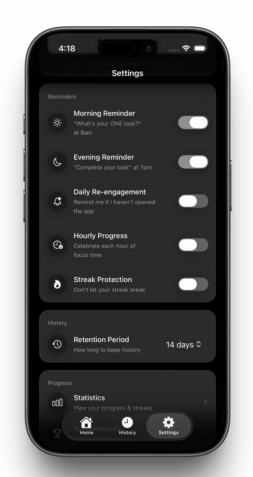 OneTask Settings - Professional control without gimmicks