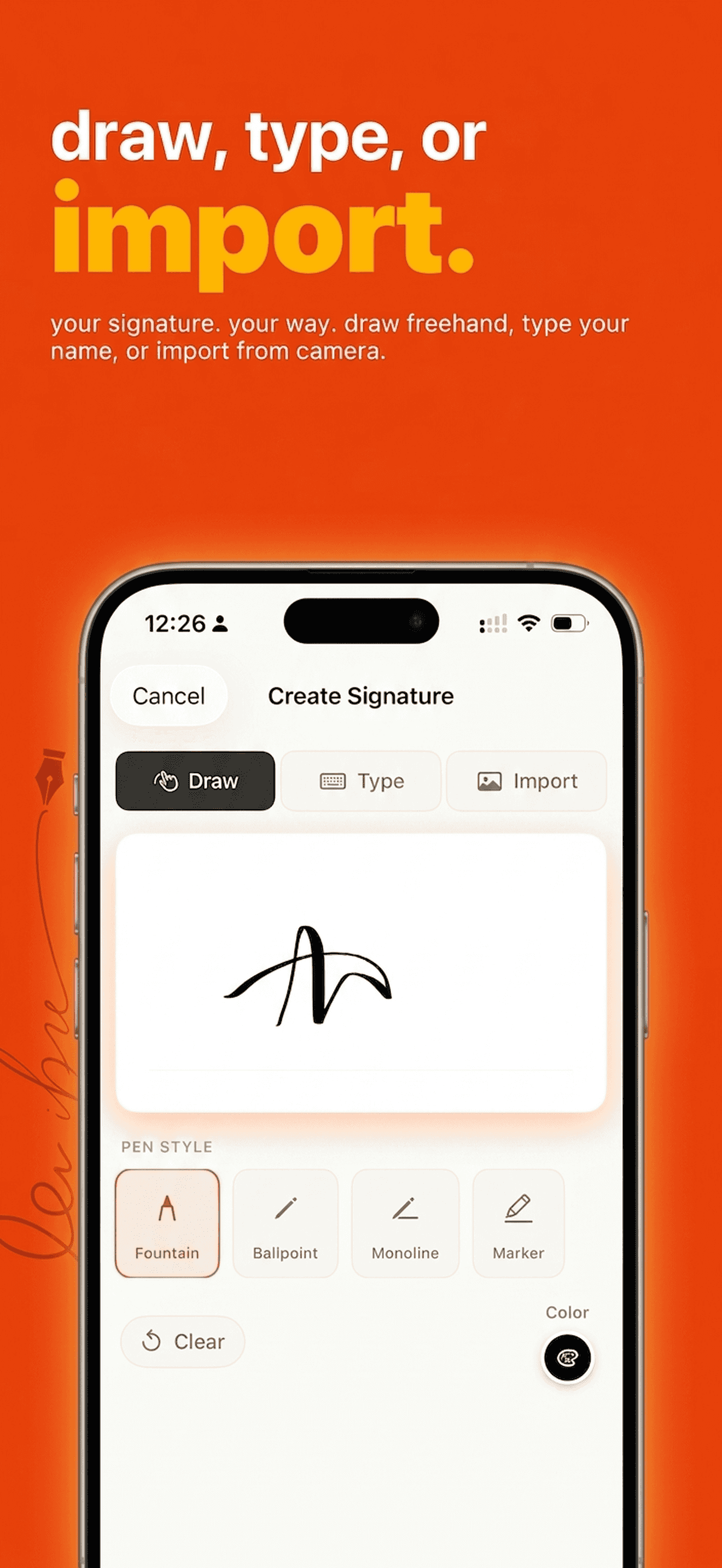 Draw, type, or import your signature