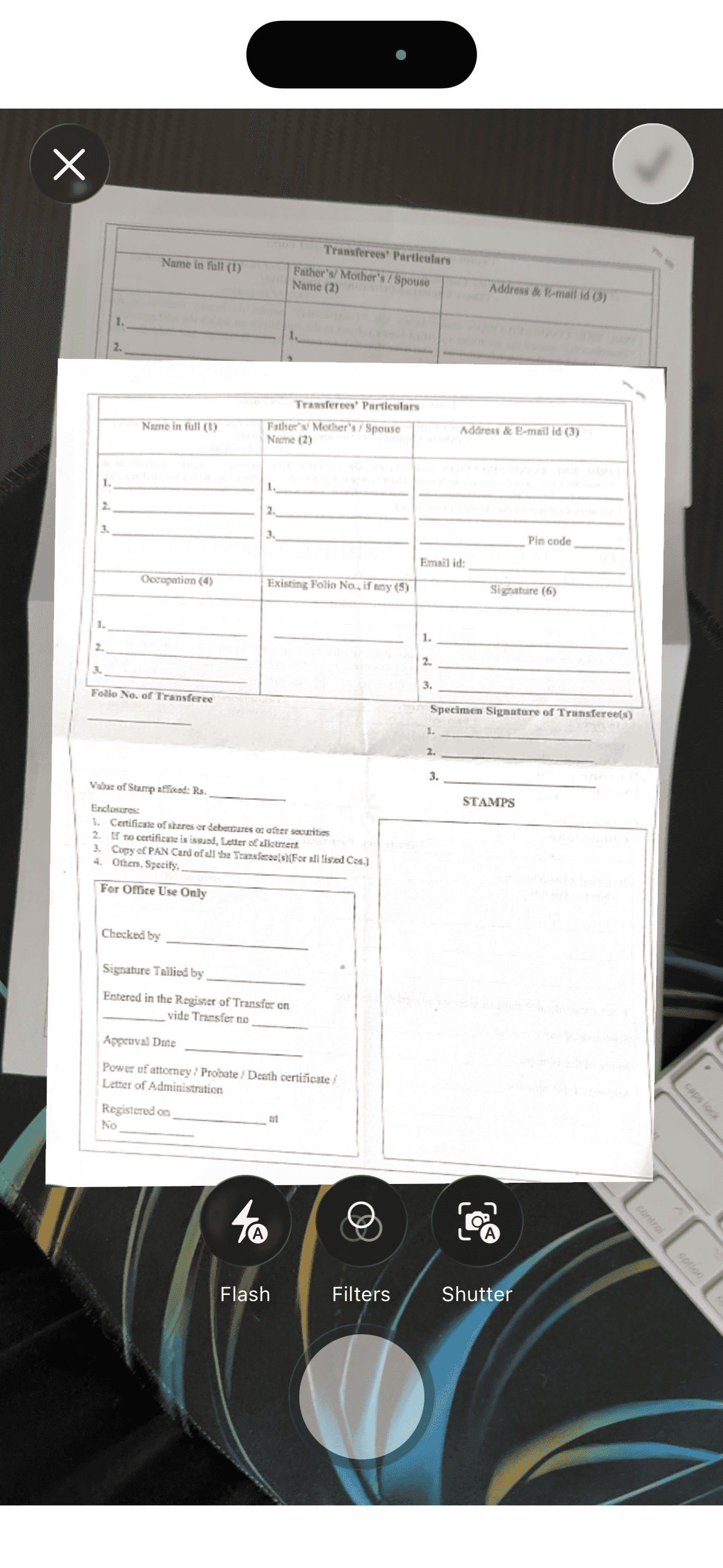Scanning a paper form with the iPhone camera in eSign PDF