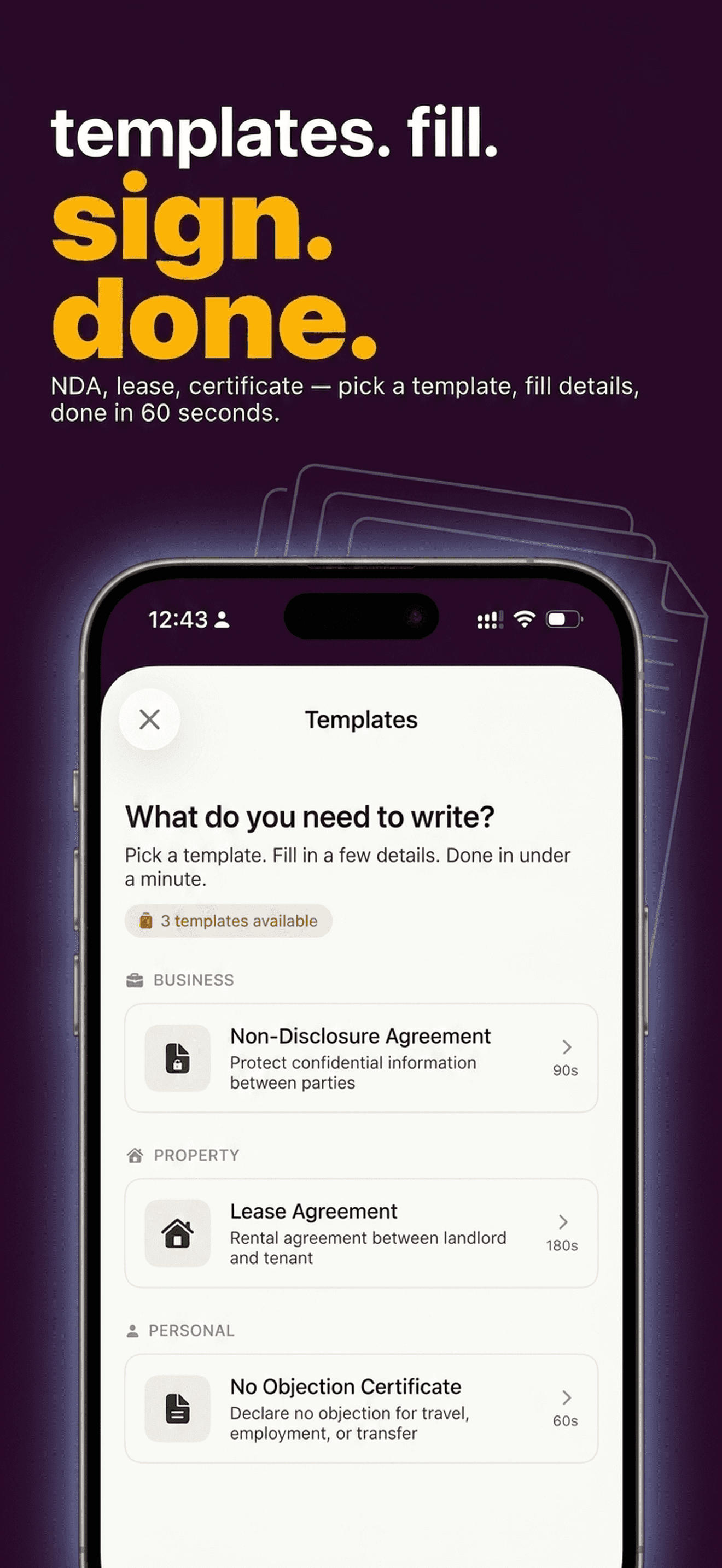Ready-made templates — NDA, Lease, NOC