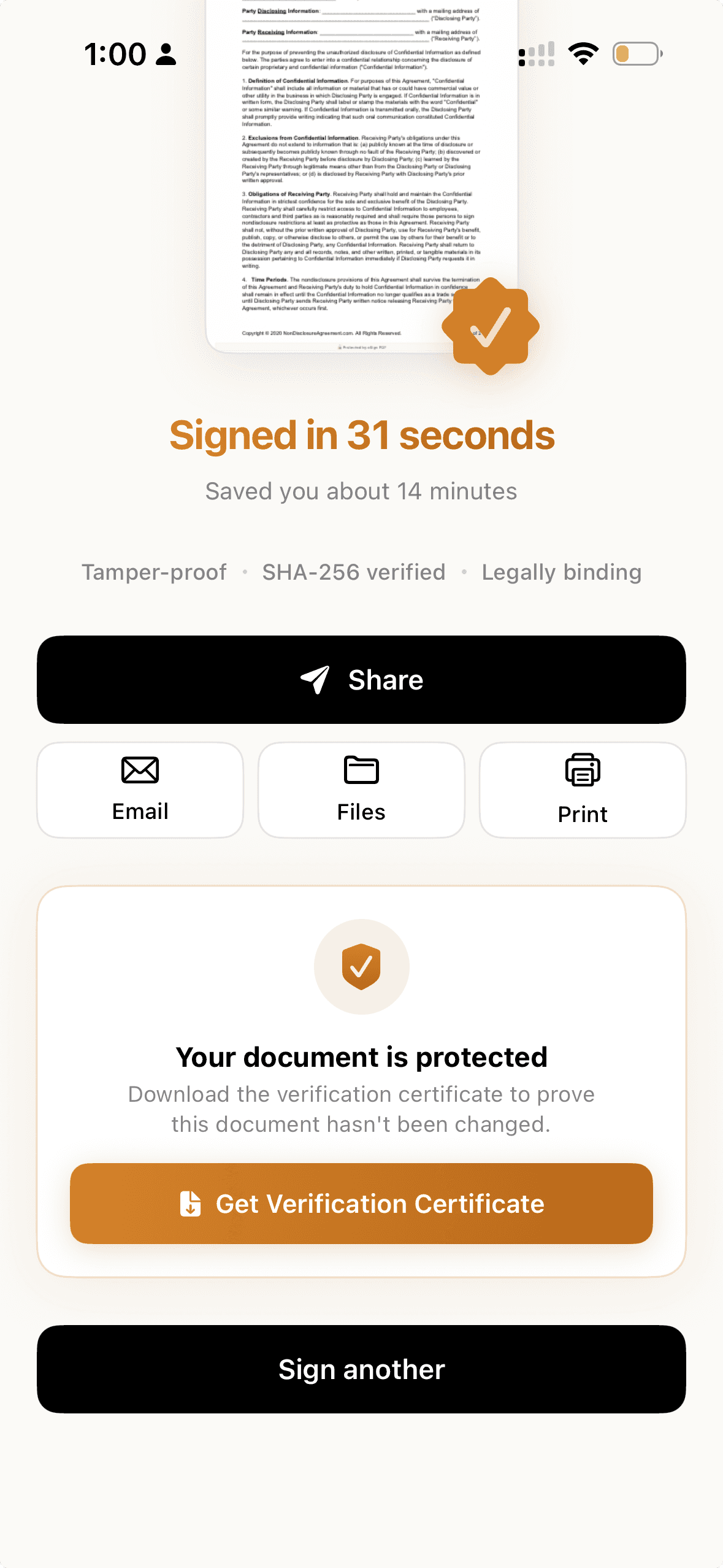 Signed in 31 seconds — export celebration