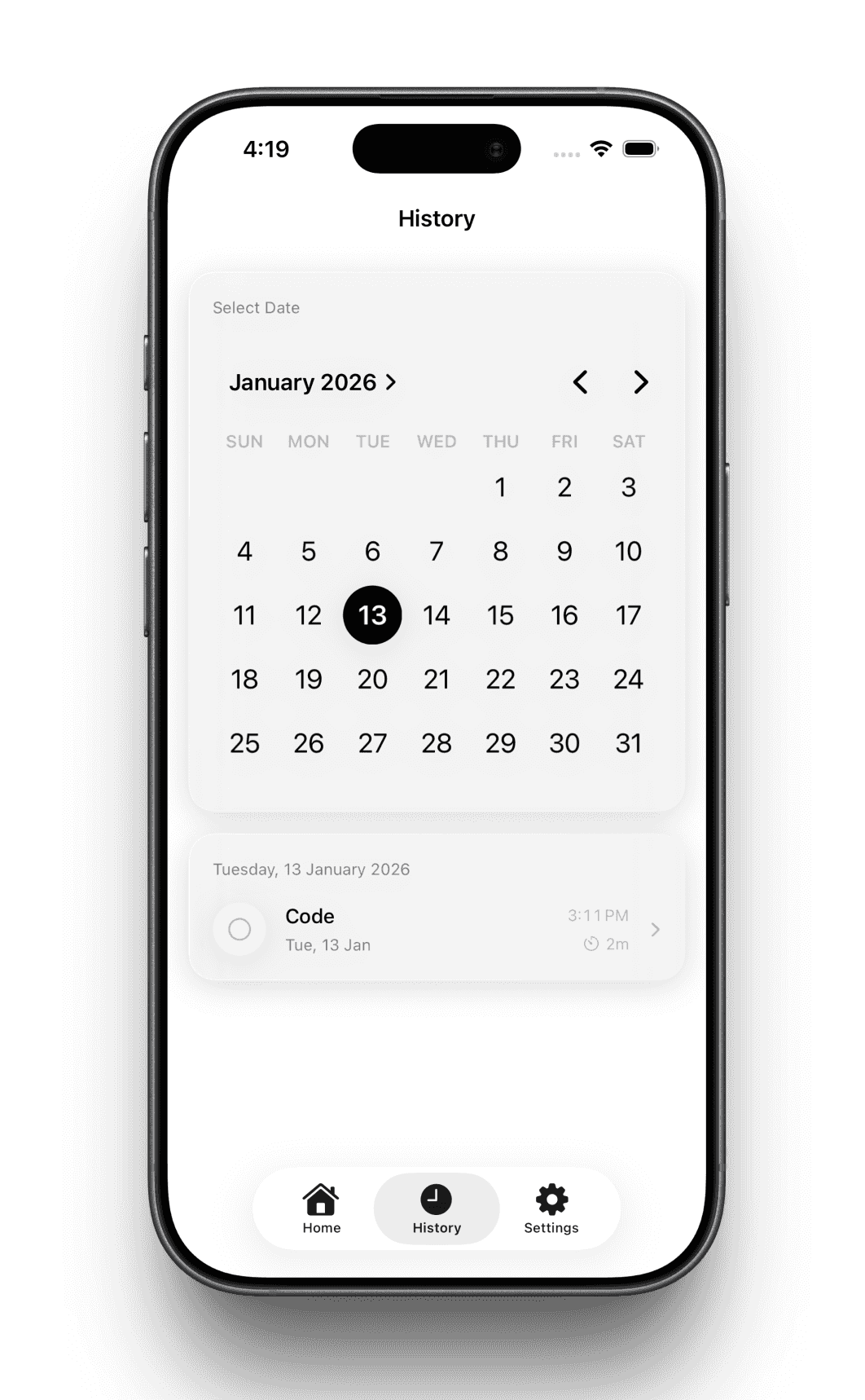 OneTask History - Calendar with completed tasks